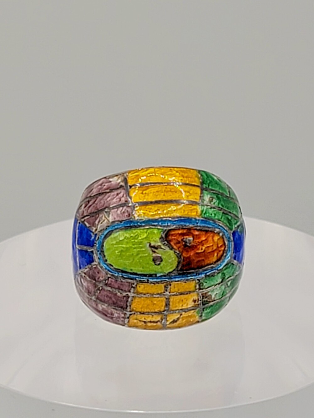 Vintage Siam Sterling SZ 5 Cloisonne Enamel Yin Yang Statement Ring Thai Silver